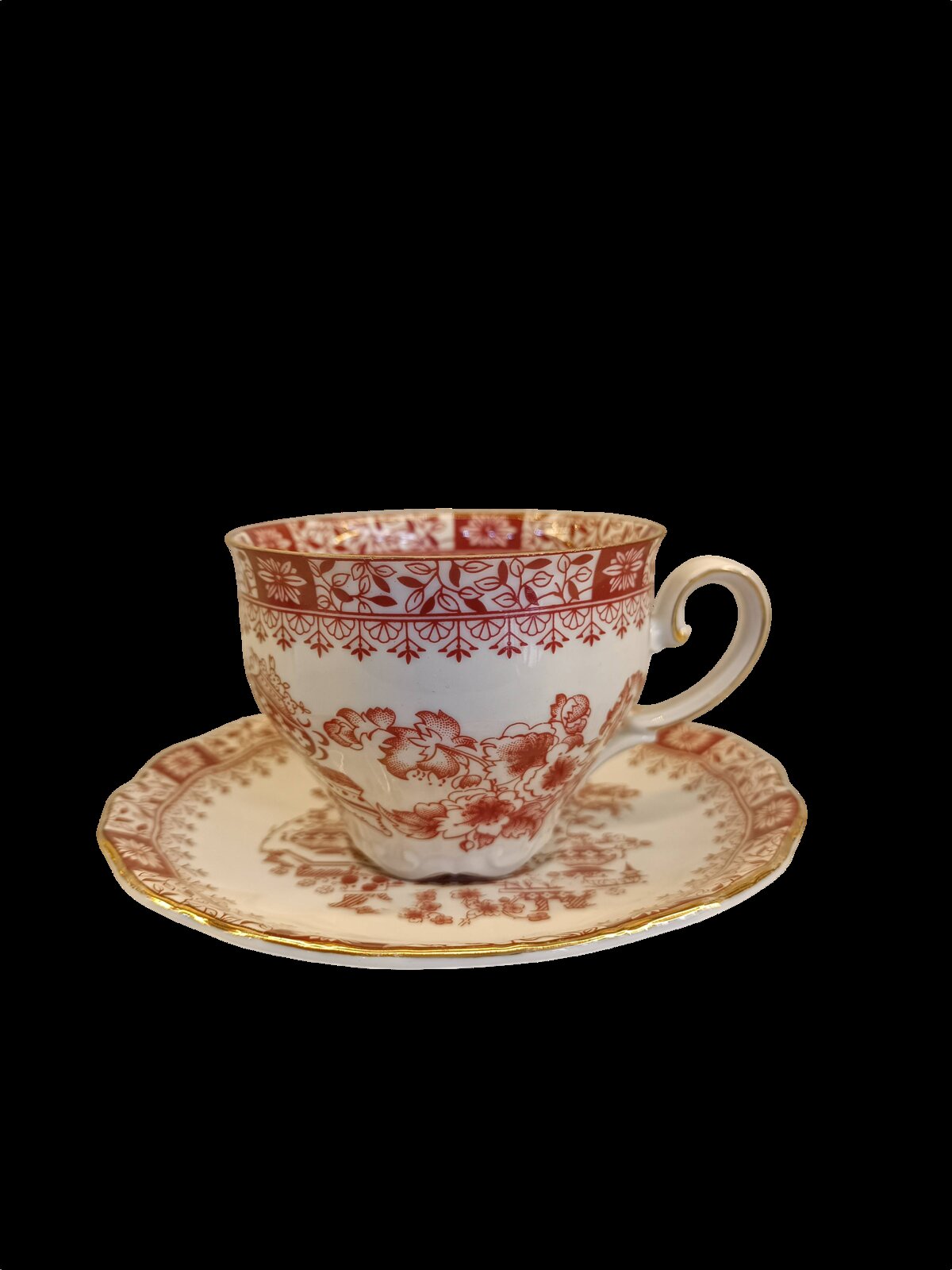 Antika Porselenli Çay Fincanı Tabağı - Kırmızı Desenli