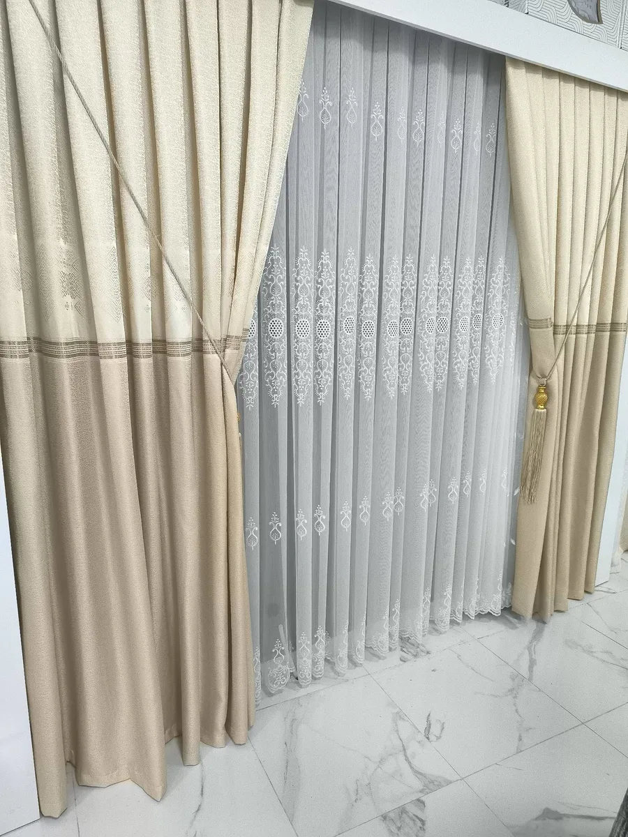 3 Parça Dantel Tül ve Döşemelik Kumaş Perdeler - Şık Ev Dekorasyonu