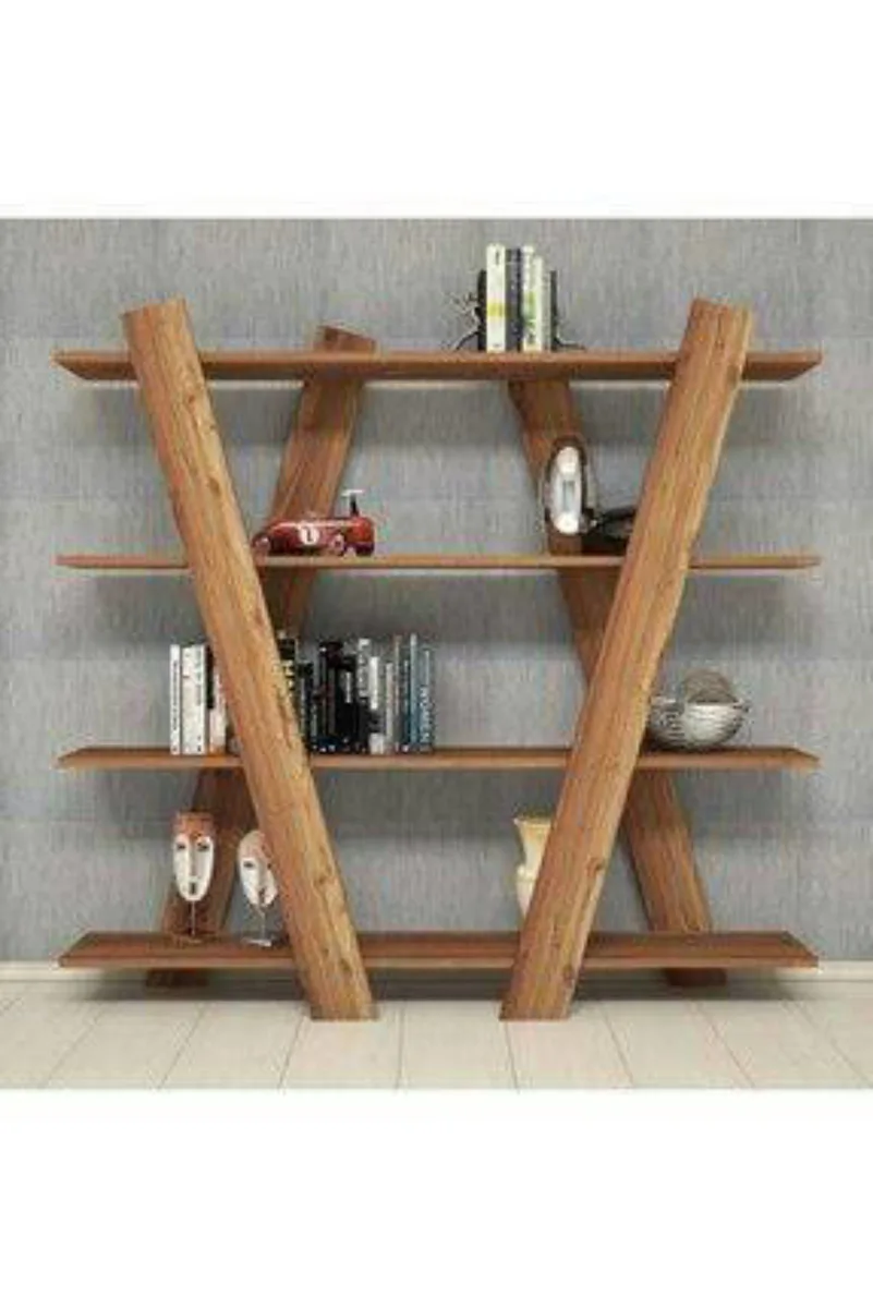 Modern ve Rustik Tasarım Masif Ahşap Kitaplık & Dekoratif Raf