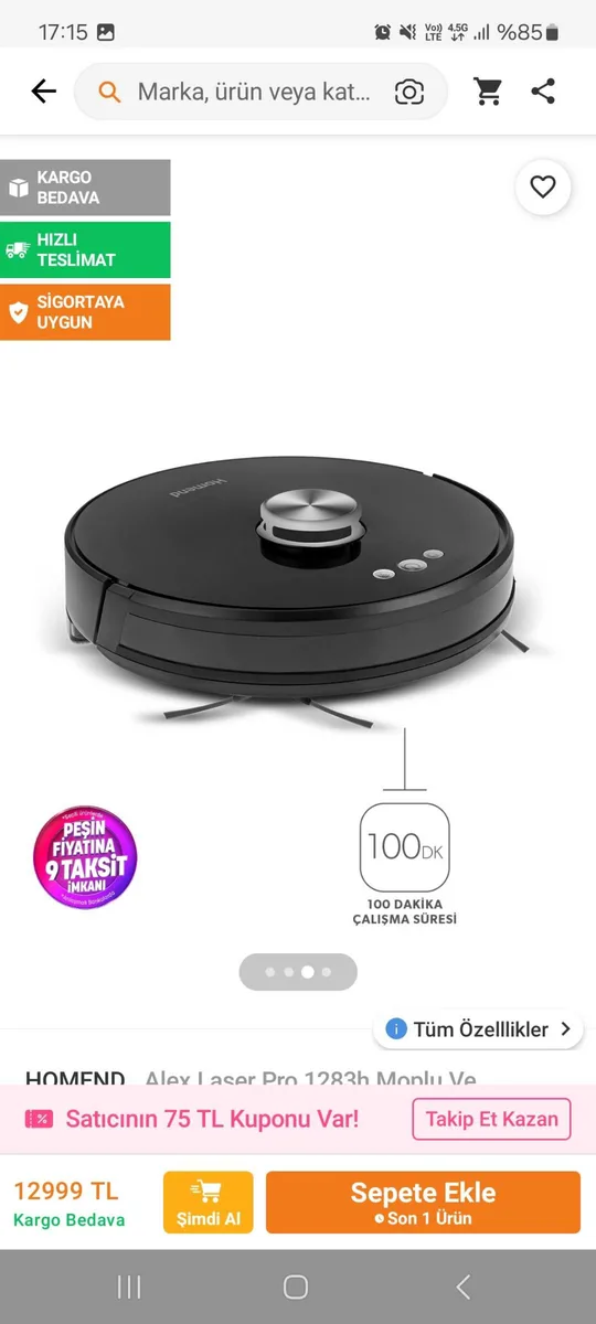 HOMEND Alex Laser Pro 1283h Akıllı Robot Süpürge - Lazer Haritalaması, 100 Dakika Çalışma Süresi