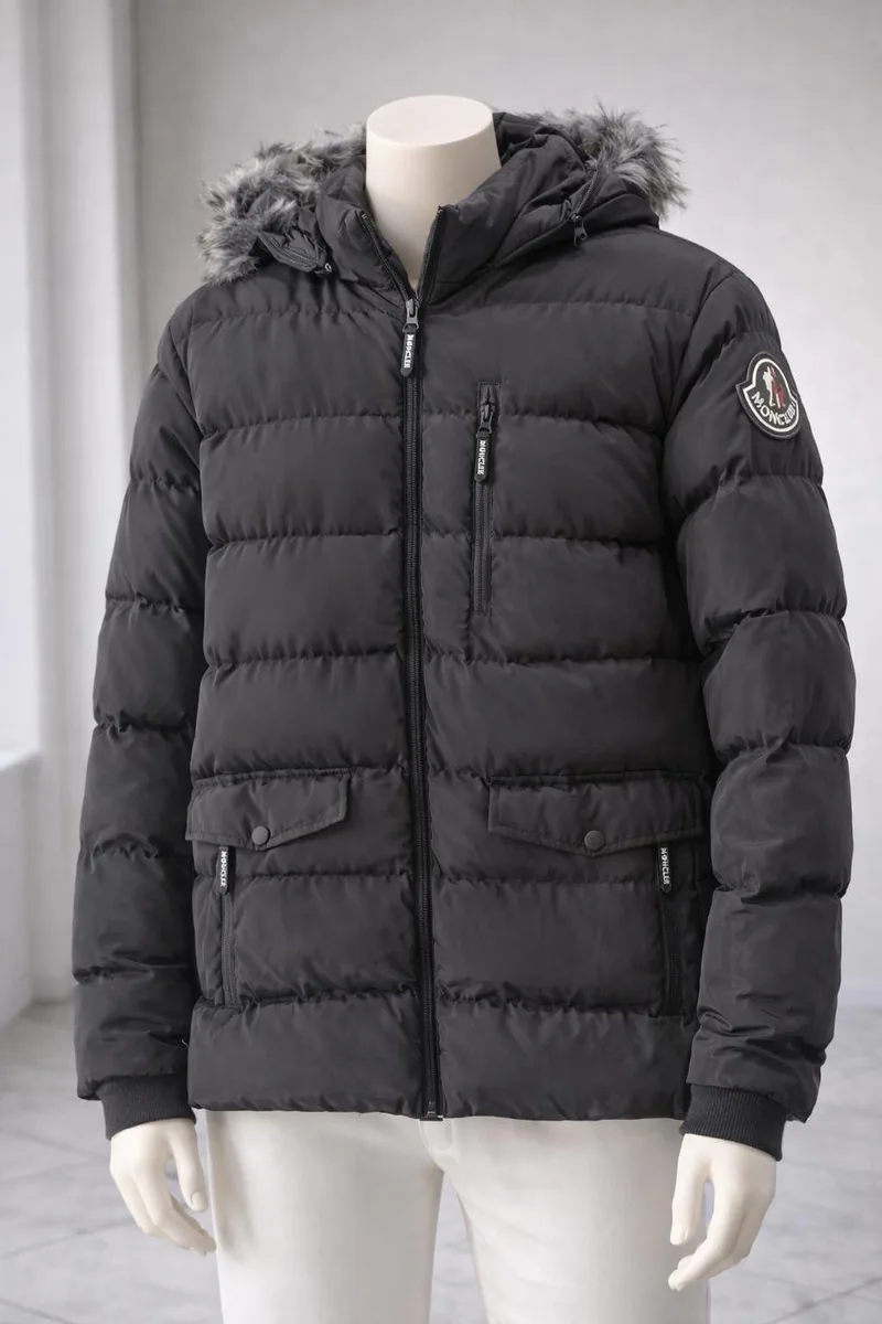Moncler Tarzı Erkek Siyah Dolgulu Mont Kapüşonlu - Kürklü