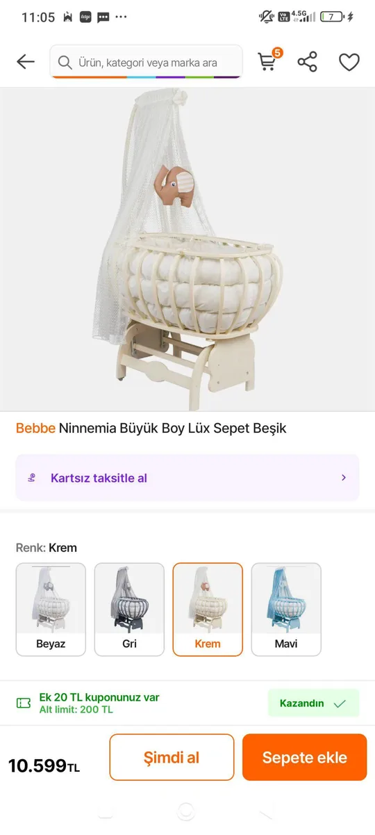 Bebbe Ninnemia Büyük Boy Lüx Sepet Beşik - Krem Renk