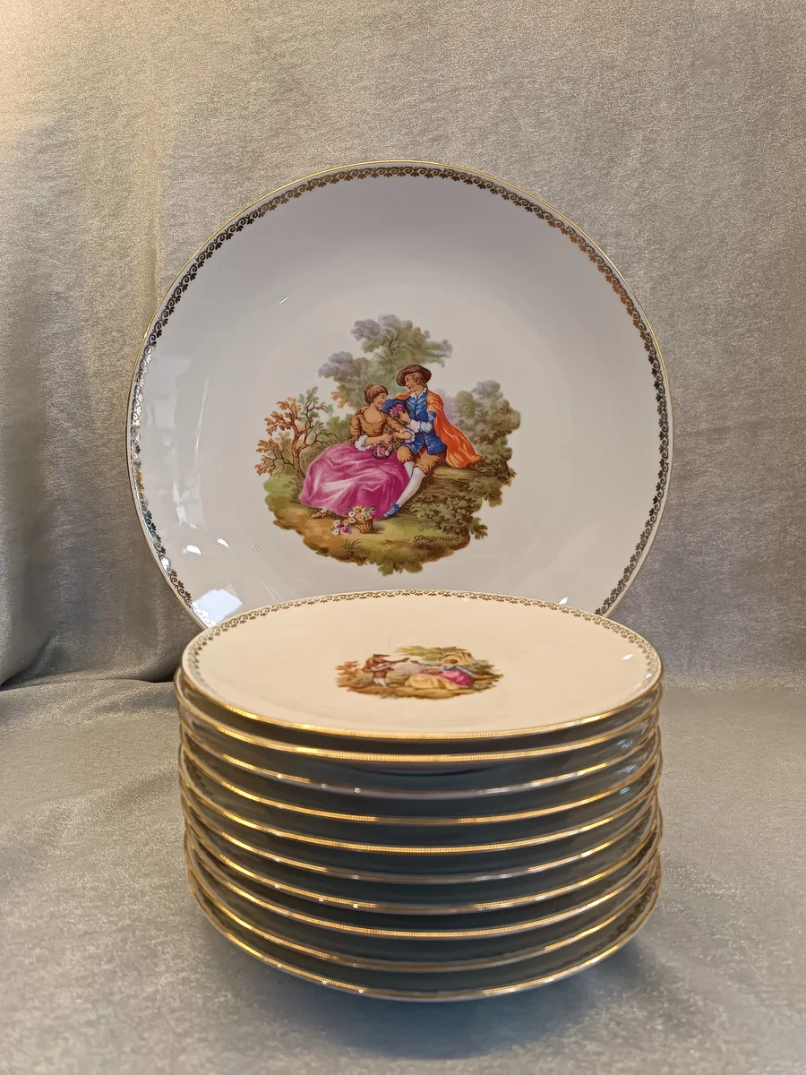 Antika Porselan Tabak Seti - Romantik Sahneli 11 Parça