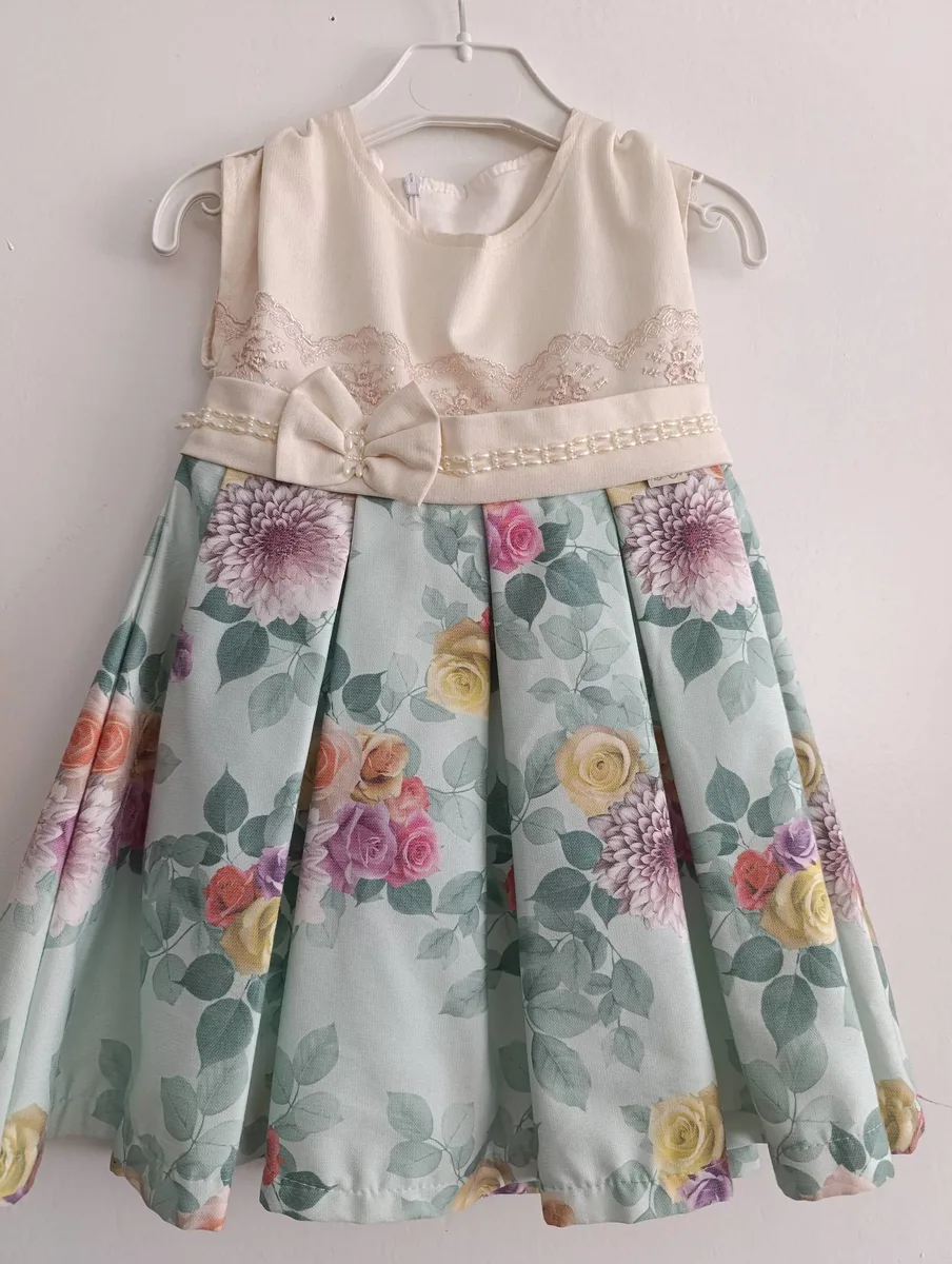 Kız Çocuk Şifon Elbise - Çiçek Baskılı - Dantel Detaylı - Beyaz ve Mint Yeşili