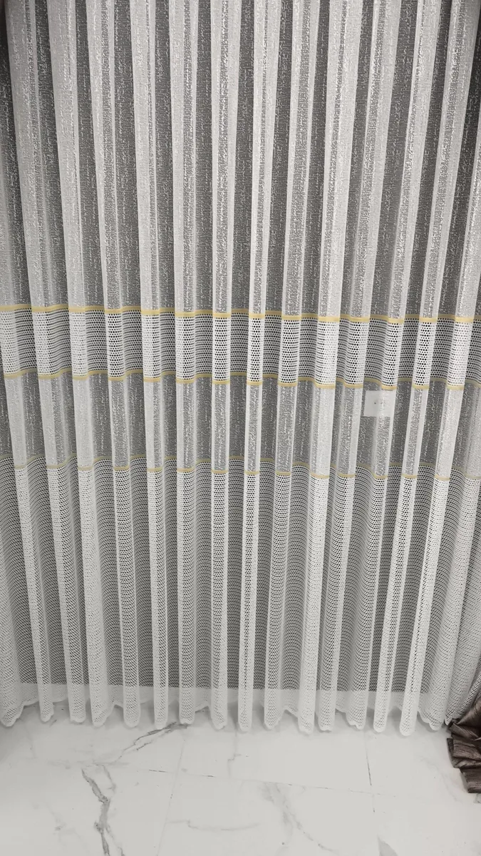 Modern Çizgili Tül Perde Sarı Detaylı - Salondan Yatak Odasına