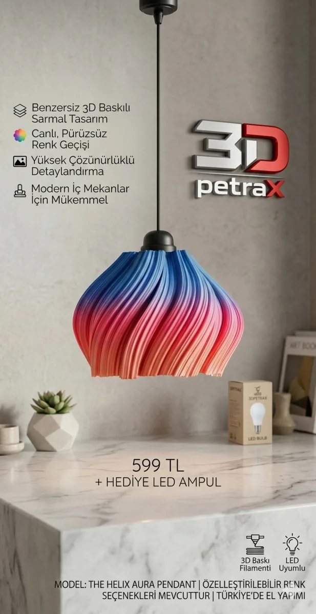 Modern 3D Baskı Spiral Avize Renk Geçişli Tasarım + LED Ampul