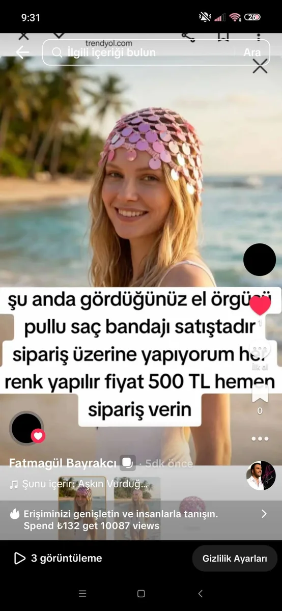 El örgüsü pullu saç bandajı fiyat 500 TL