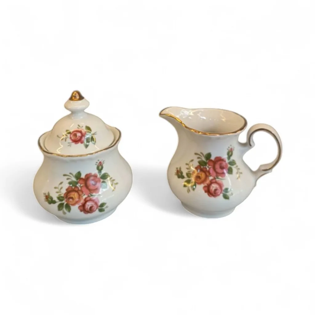 Vintage Porcelain Şeker Kabı ve Süt Ürünü Seti - Çiçek Deseni
