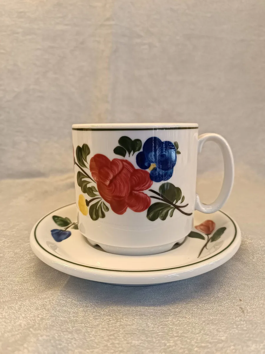 Vintage Porselen Çay Fincanı Tabağı - Çok Renkli Çiçek Deseni