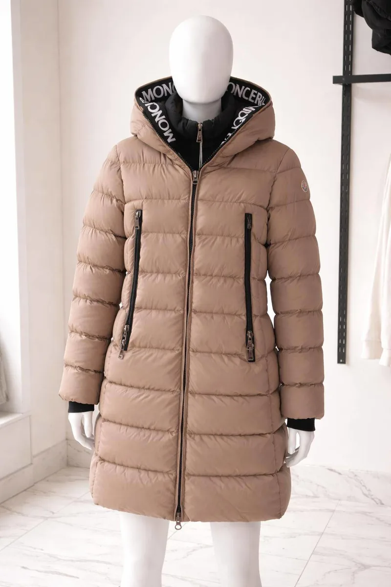 Moncler Bej Kadın Parka Mont L Beden - Siyah Kapüşön Detaylı