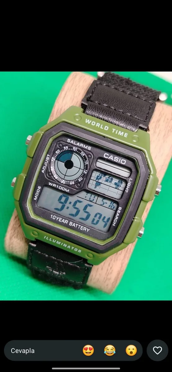 Casio Salarms World Time AE-1200WH-3A Yeşil Renk Dijital Saat - 10 Yıl Pil