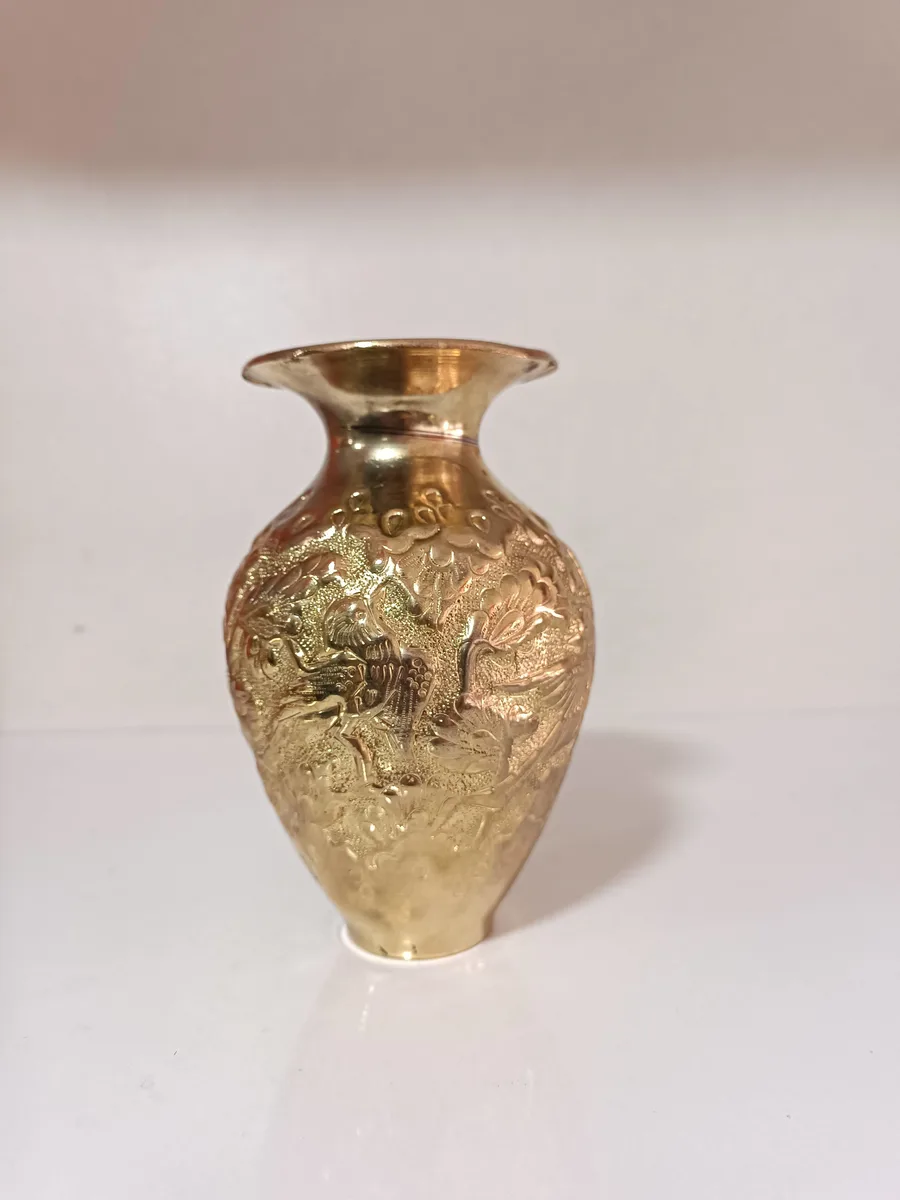 Antika Kabartmalı Pirinç Vazo - Ejder ve Çiçek Motifli