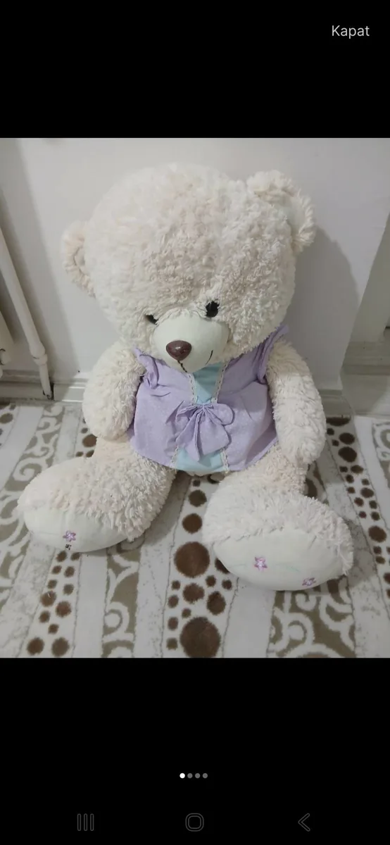 Mor Fiyonklu Beyaz Peluş Teddy Bear - Çocuk Oyuncağı