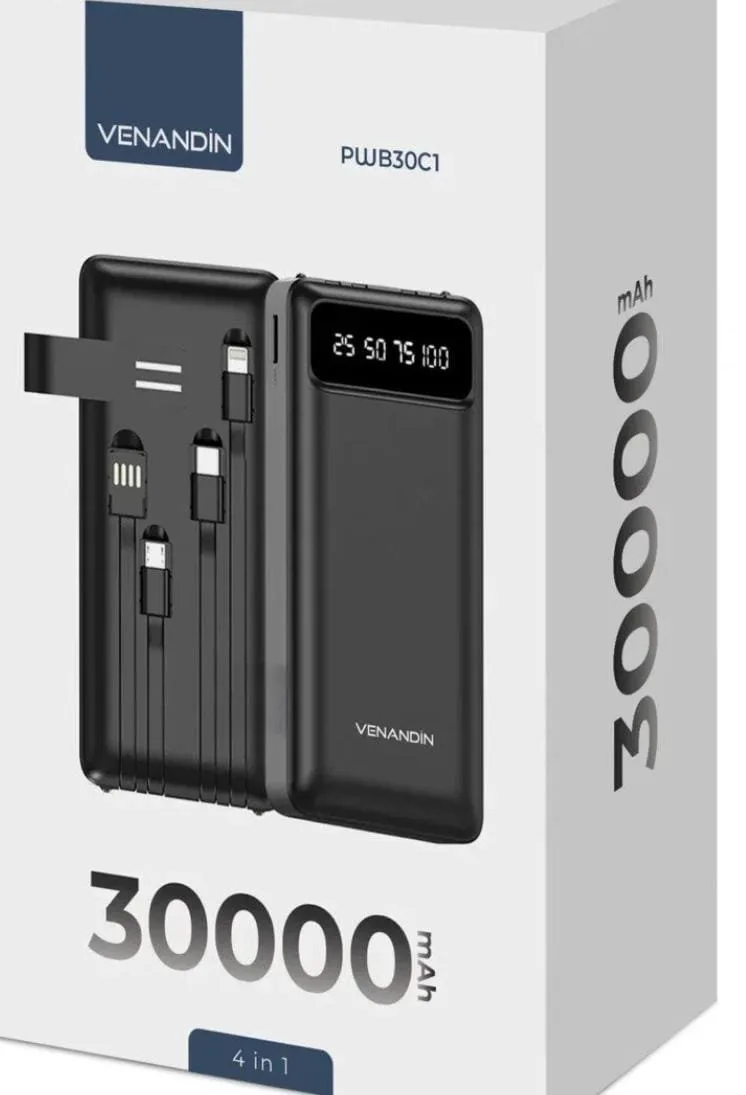 Venandin 30000mAh Powerbank 4in1 Hızlı Şarj - USB Type-C Lightning Micro