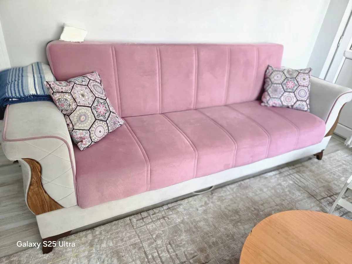 Retro Tarzı Pembe Kumaş Koltuk Takımı - 3 Kişilik Sofa