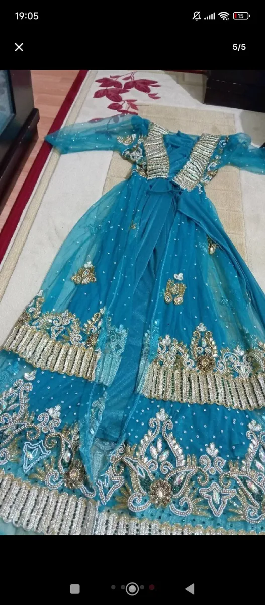 Turkuaz Rengi Altın İşlemeli Düğün/Gelin Elbisesi - Yeni