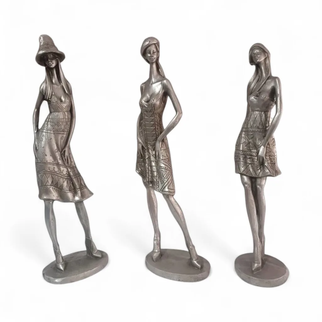Art Deco Stil Gümüş Renk Polyester Kadın Heykeli Dekorasyon Seti