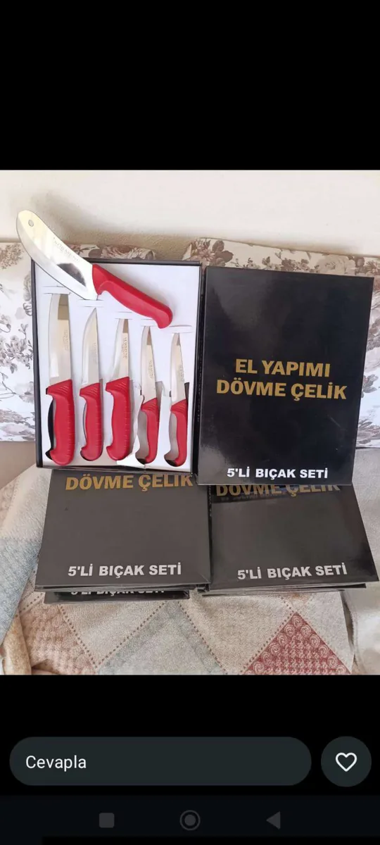 El Yapımı Dövme Çelik 5'li Profesyonel Mutfak Bıçak Seti - Kırmızı