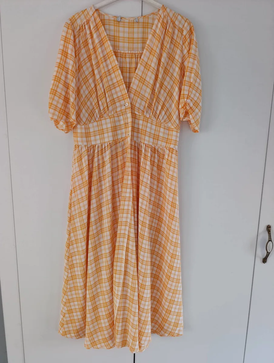 Vintage Turuncu Ekose Desenli Kısa Kollu Midi Elbise - S/M Beden