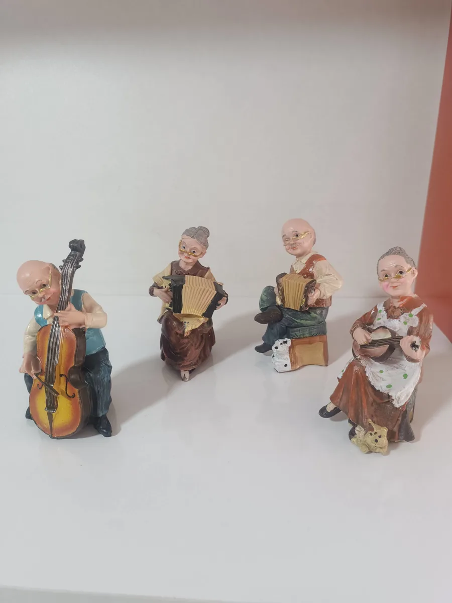 Antika Müzisyen Heykelleri - Çello, Akordeon Oyuncuları Dekoratif Figür Seti