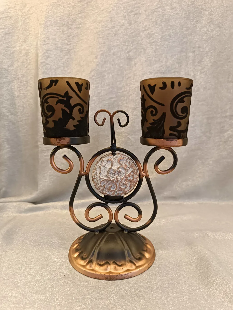 Vintage Stil Bakır Metal Çift Mumluk Şamdan - Ev Dekorasyonu